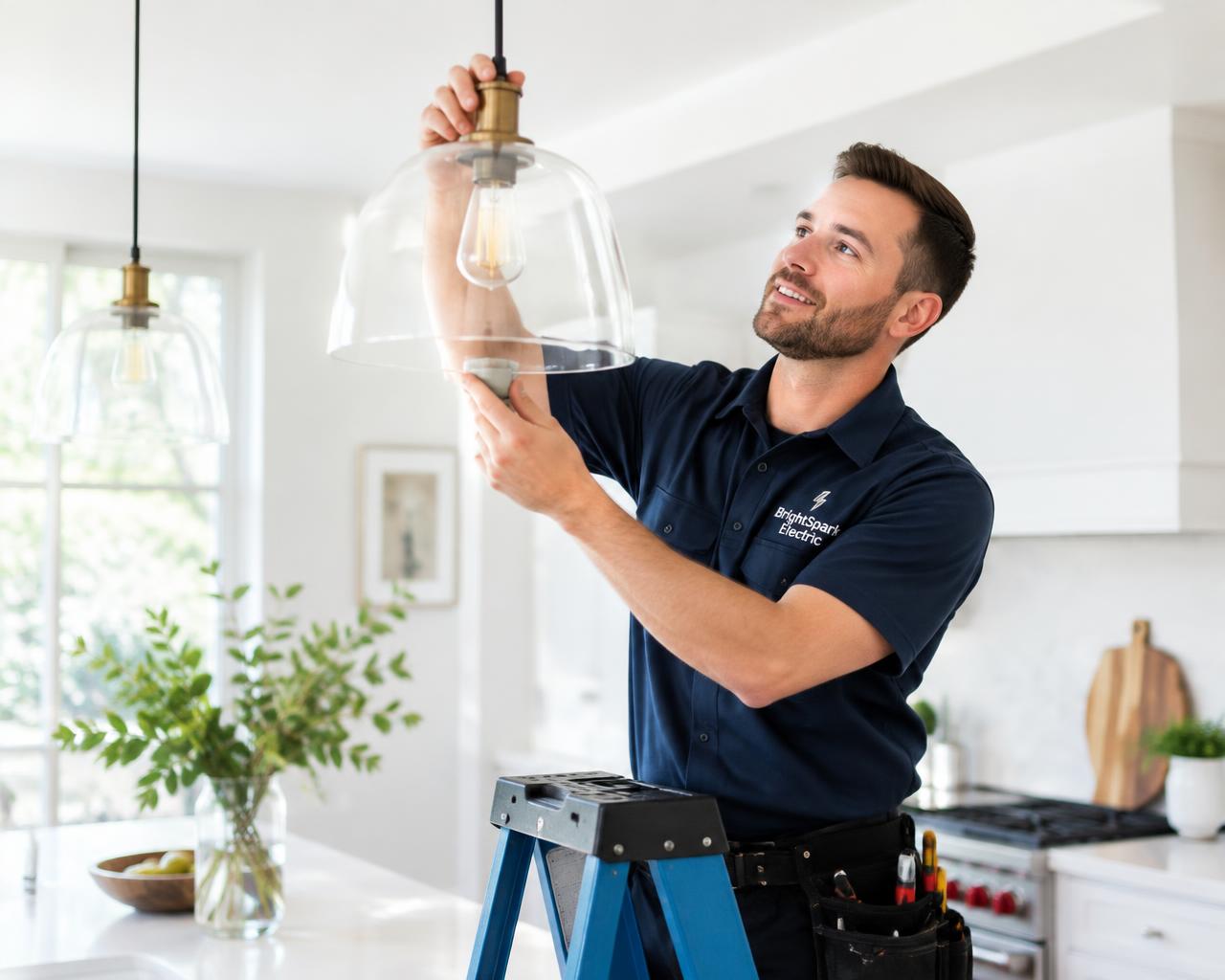 A local electrician installing a pendant light in a bright kitchen